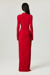 High-Neck Sculpted Ruched Maxi Dress